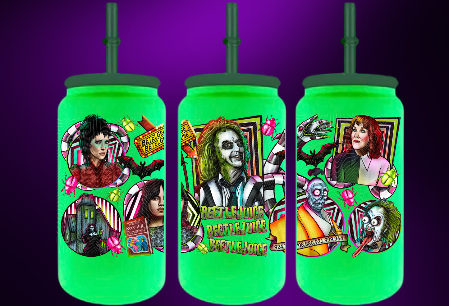 16oz Green Glow in the dark stainless steel Inspired Beetlejuice can tumbler