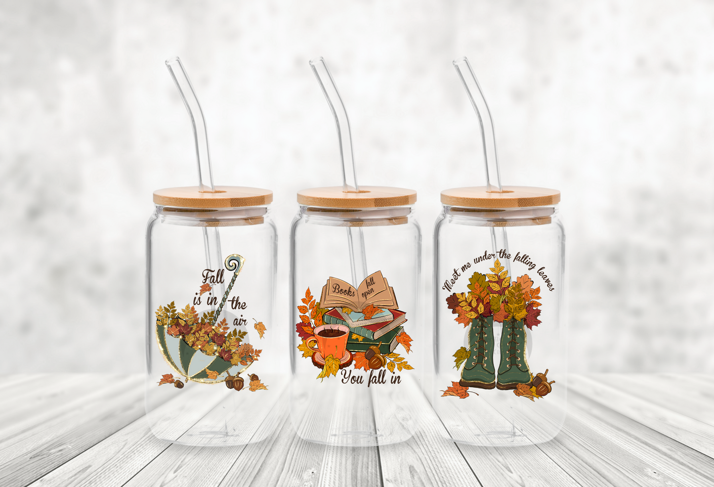 Lata de cerveza de vidrio de 16 OZ con envoltura completa "El otoño está en el aire"
