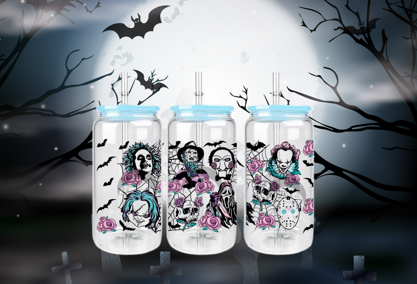 16oz Glass Can "Freddy-IT-Saw-Chucky-GhostFace"