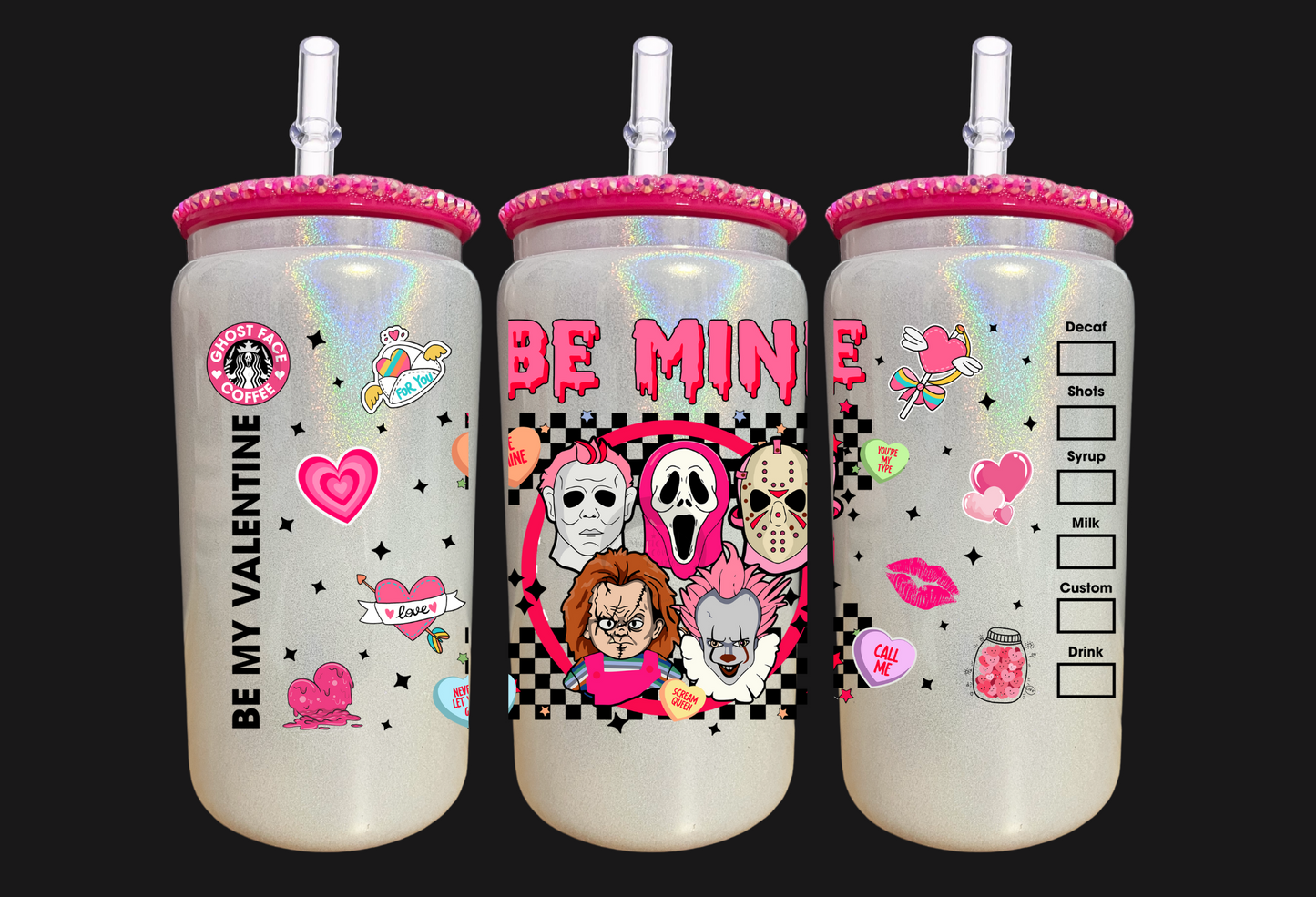 16 oz Be Mine Horror Valentine Shimmer Glass Can with pink Rhinestone Lid