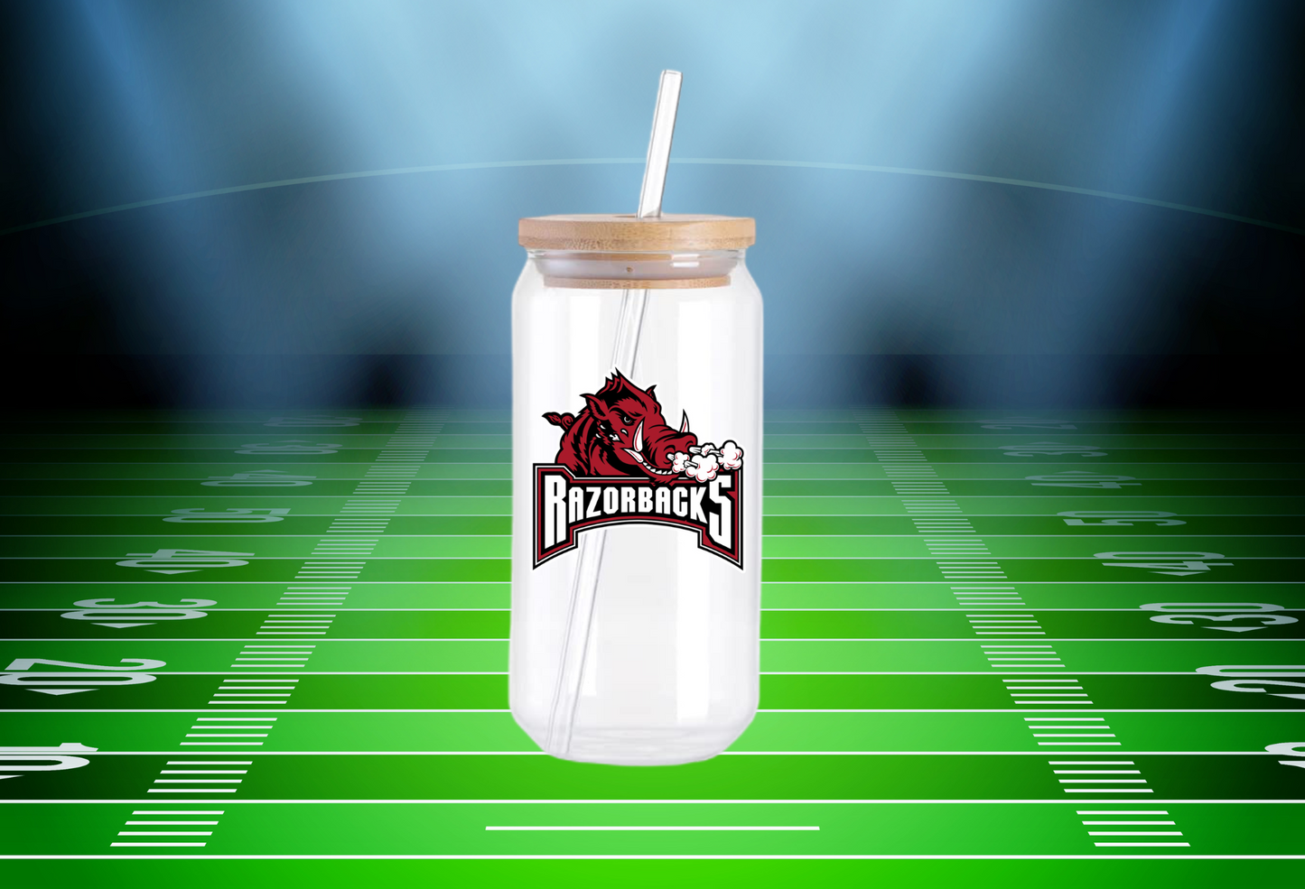 16 oz Single Wrap Clear Arkansas Razorback Glass Can