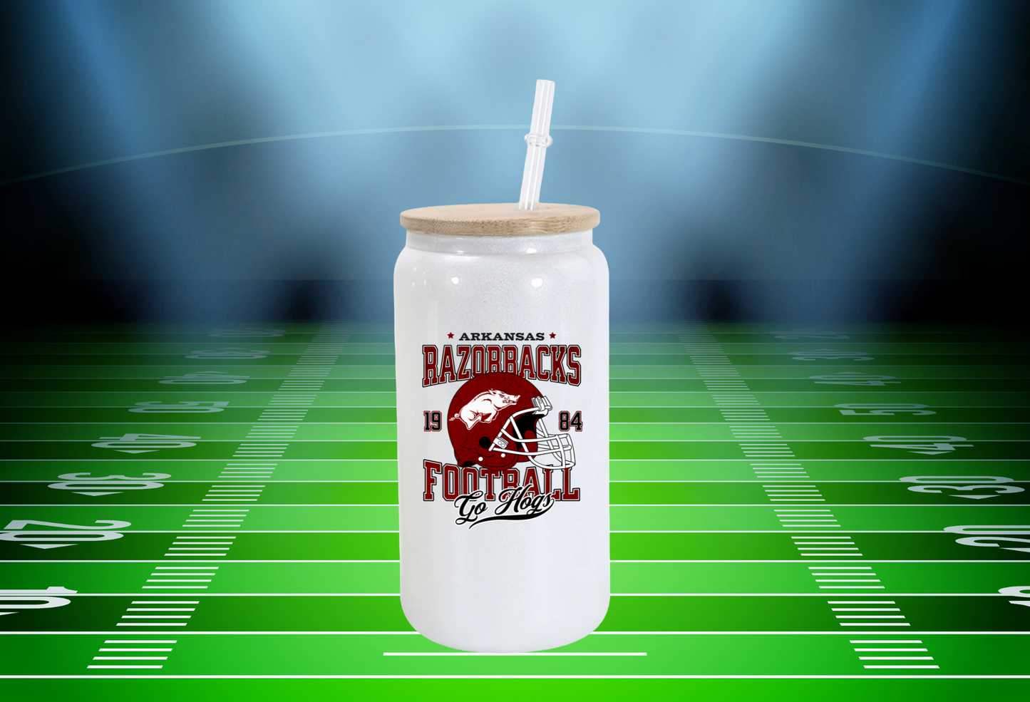 16 oz Single sublimated image 1984 Arkansas Razorback White Shimmer Glass Can