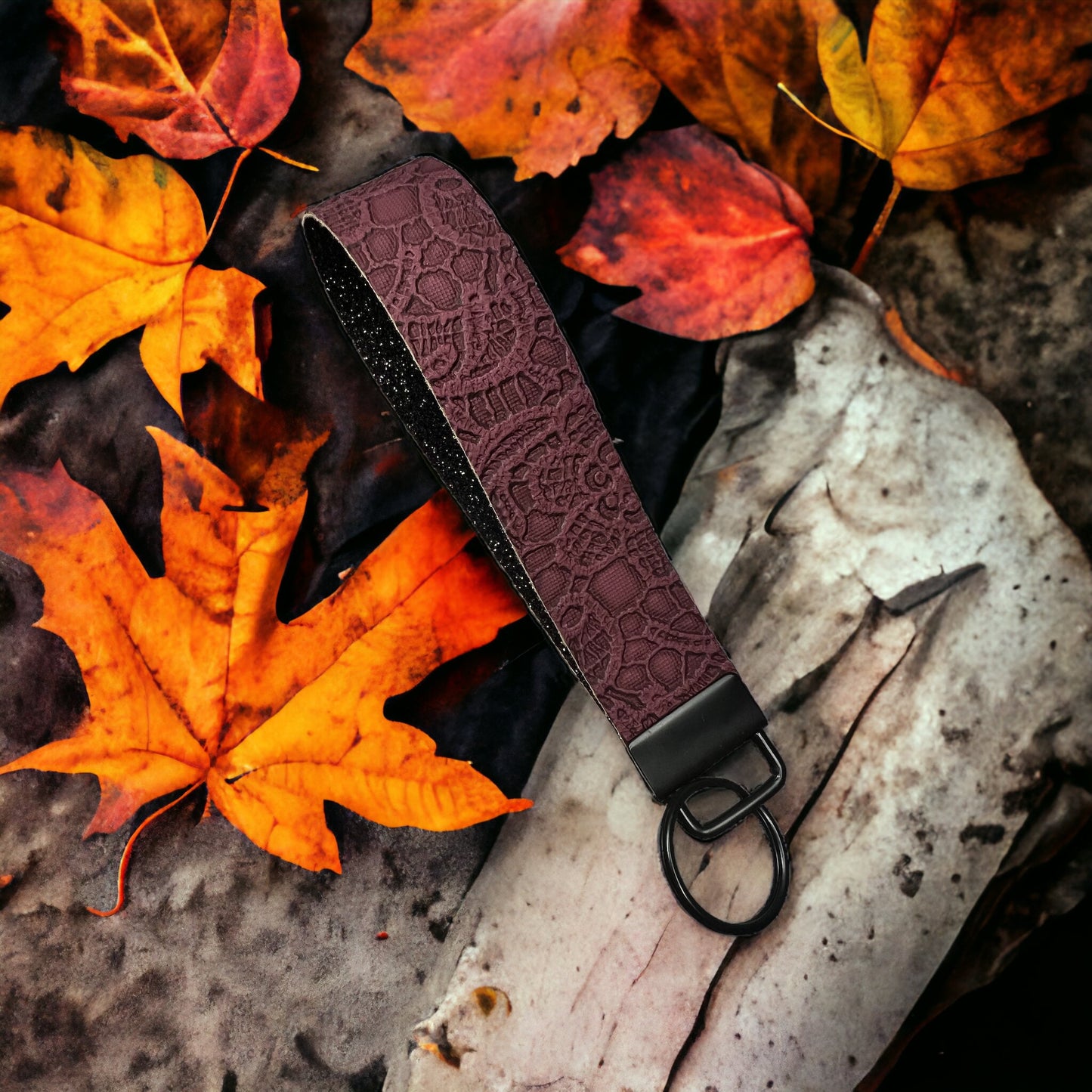 Fall Burgundy with Black Glitter Key Wristlet