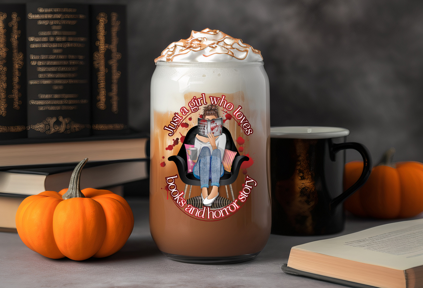 16 OZ Glass Can Single Image "Just a girl who loves books and horror story"