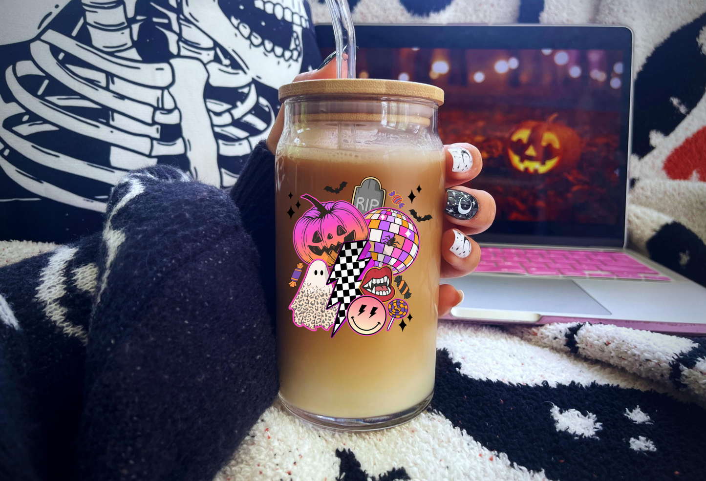 16 OZ  Glass Can Single Image " Retro Ghost-Pumpkin"