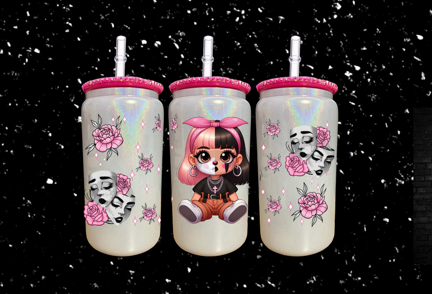 16 oz Cute La Triste Shimmer Glass Can With Rhinestone Lid