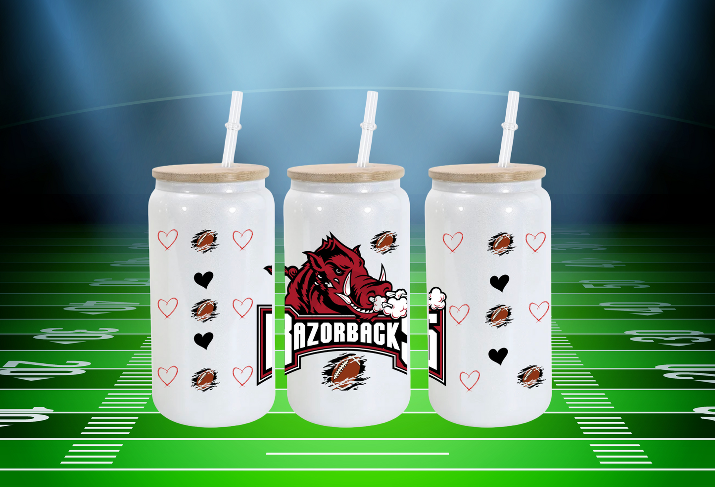 16 oz White Shimmer Arkansas Razorback Glass Can