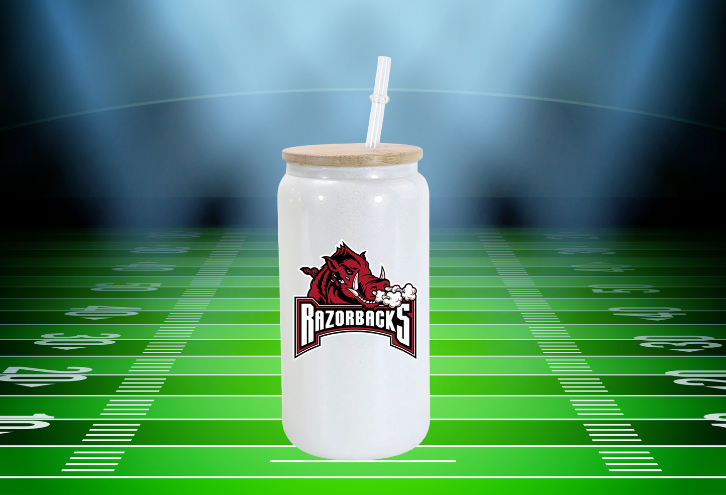 16 oz Single Wrap White Shimmer Arkansas Razorback Glass Can