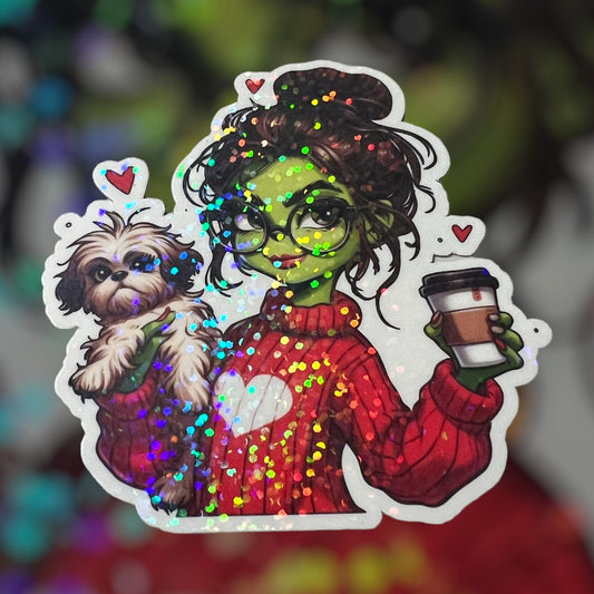 Holographic girl with puppy-coffee Valentine Sticker