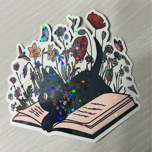 3"Black Cat with Book Holographic Sticker