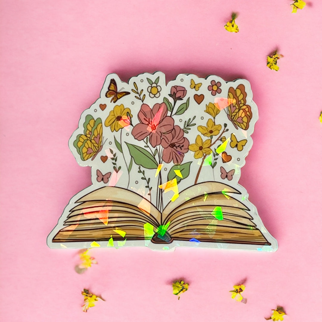 Holographic Flowers with open book sticker